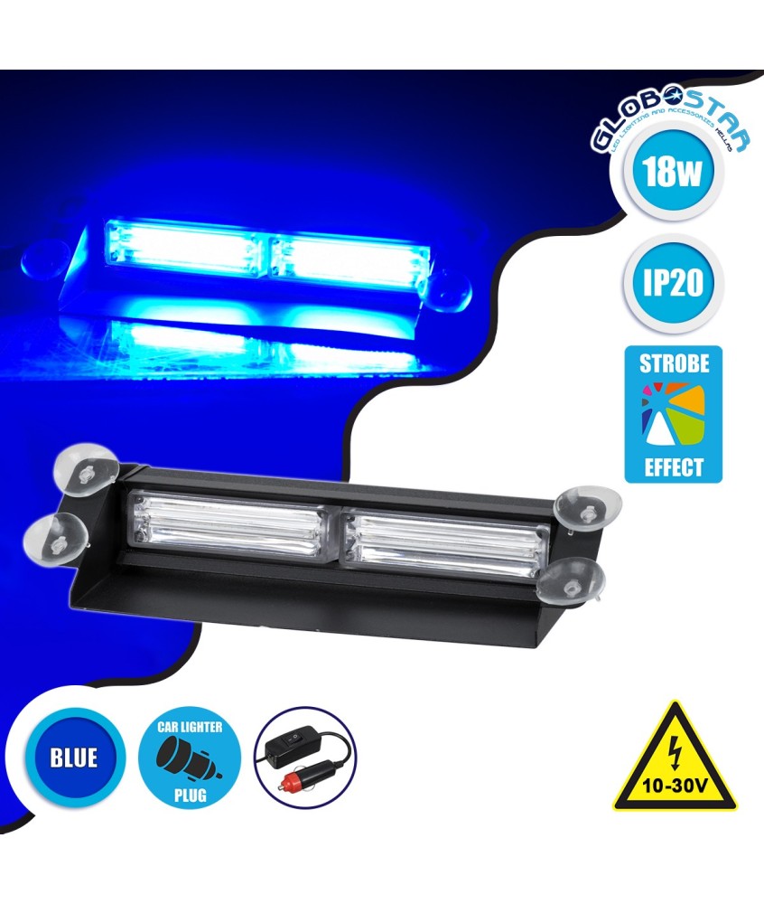 GloboStar® 85114 PRO Series Μπάρα Σήμανσης με Βεντούζες για Παρμπρίζ Οχήματος Αστυνομίας για Αυτοκίνητα & Φορτηγά 13 Προγραμμάτων Φωτισμού STROBE LED CREE CXB COB 18W DC 10-30V IP20 Μπλε